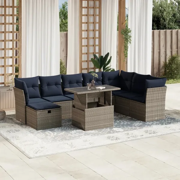 Ensemble de canapé de jardin 9 pcs avec coussins gris résine tressée