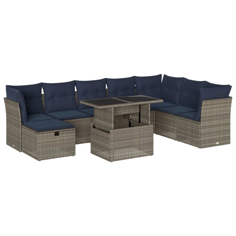 Ensemble de canapé de jardin 9 pcs avec coussins gris résine tressée - 2