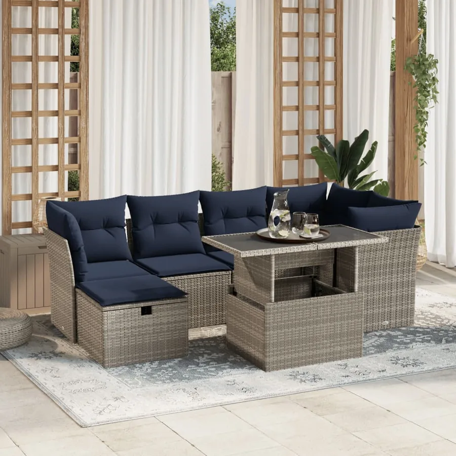 Ensemble de canapé de jardin 7 pcs avec coussins gris résine tressée