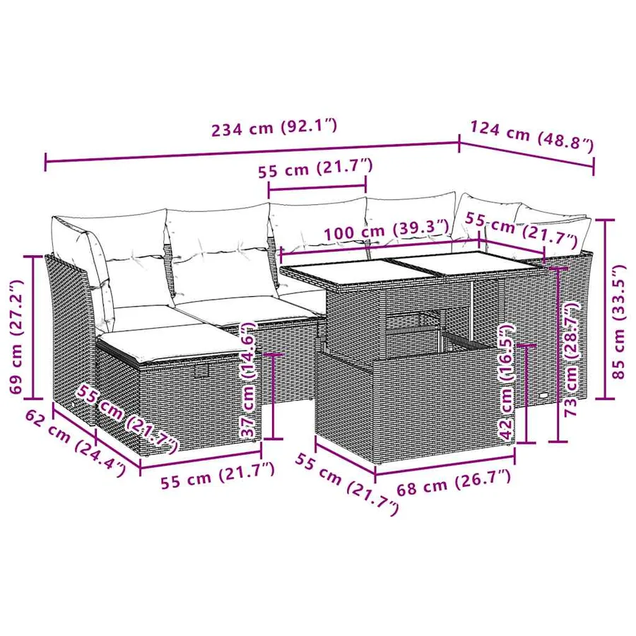 Ensemble de canapé de jardin 7 pcs avec coussins gris résine tressée - 12