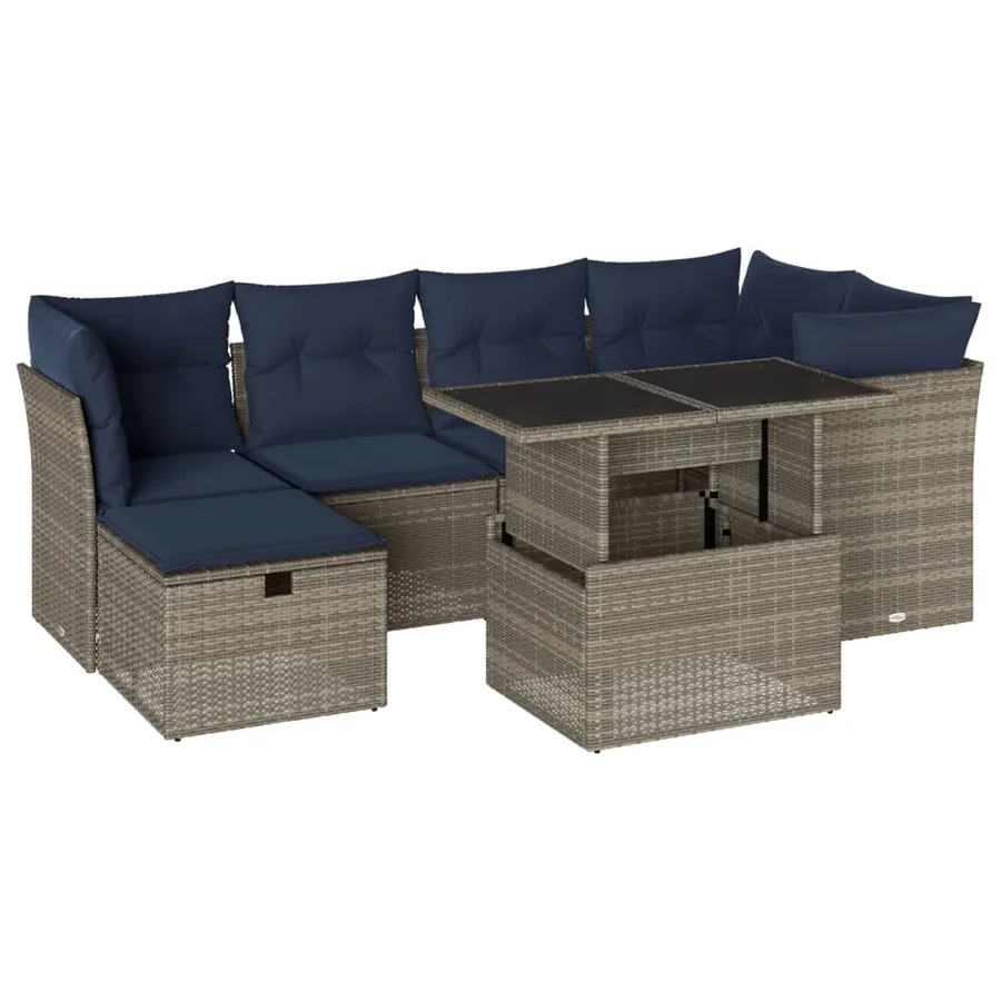 Ensemble de canapé de jardin 7 pcs avec coussins gris résine tressée - 2