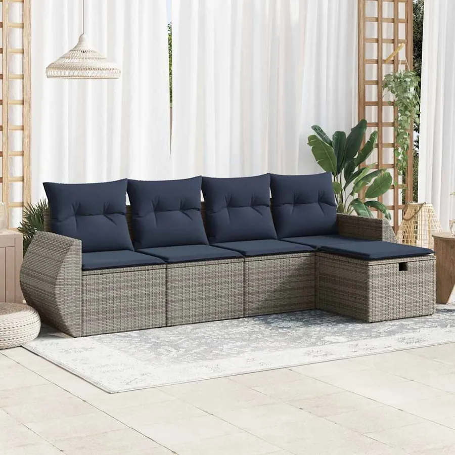 Salon de jardin 5 pcs avec coussins gris résine tressée