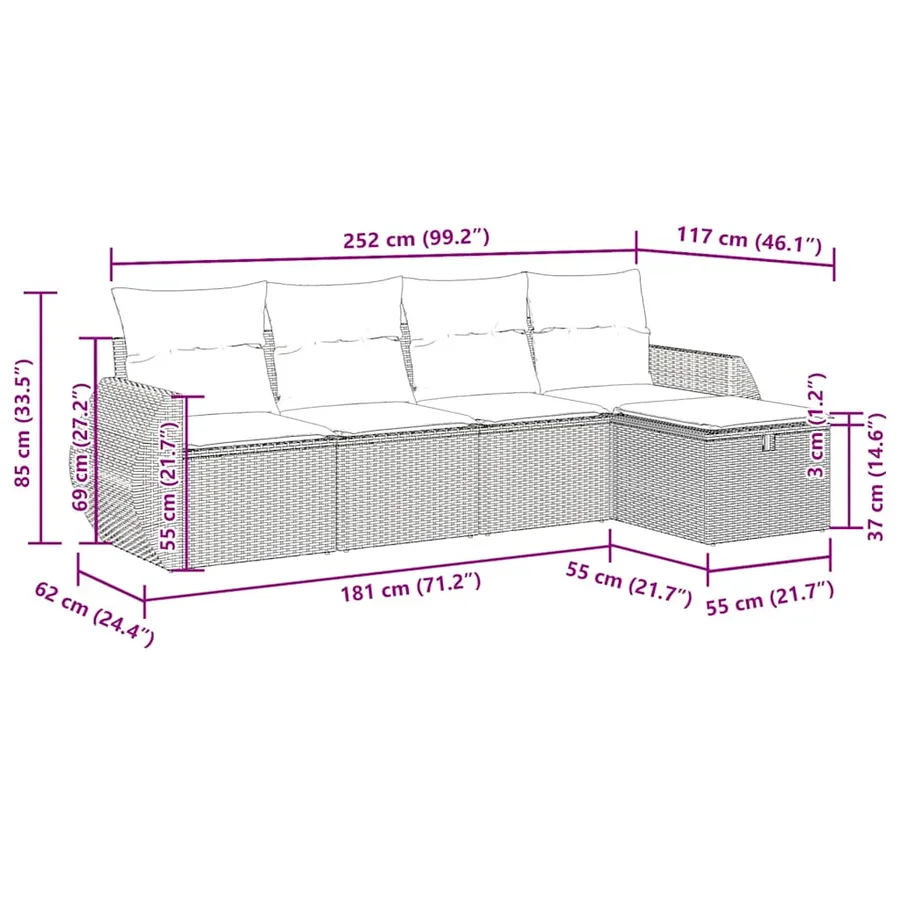 Salon de jardin 5 pcs avec coussins gris résine tressée - 11