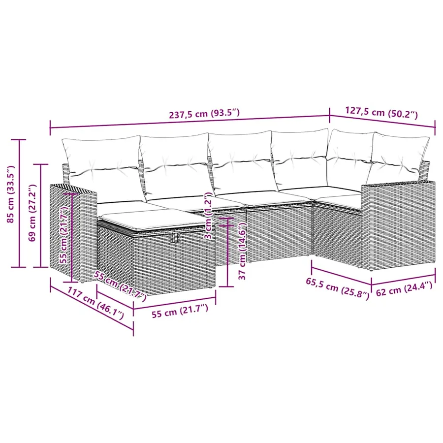 Salon de jardin 6 pcs avec coussins gris résine tressée - 14