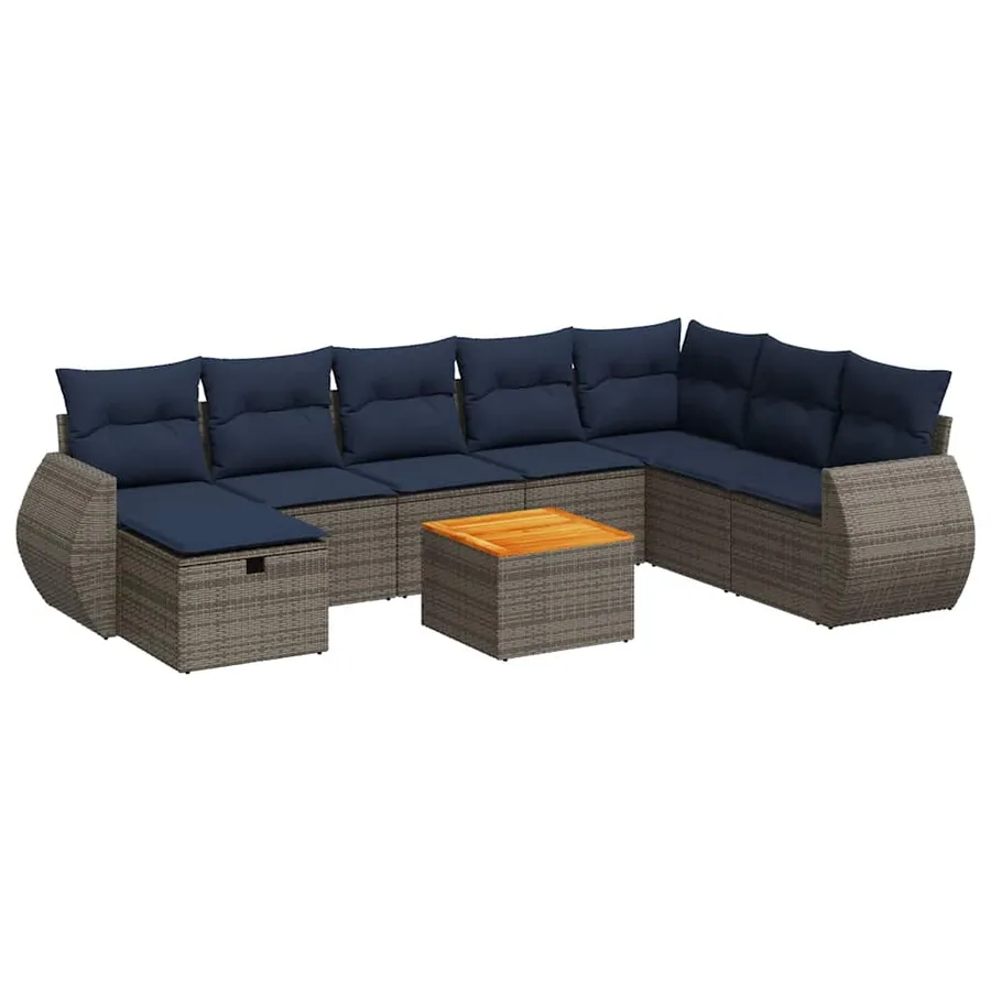 Salon de jardin 9 pcs avec coussins gris résine tressée - 2
