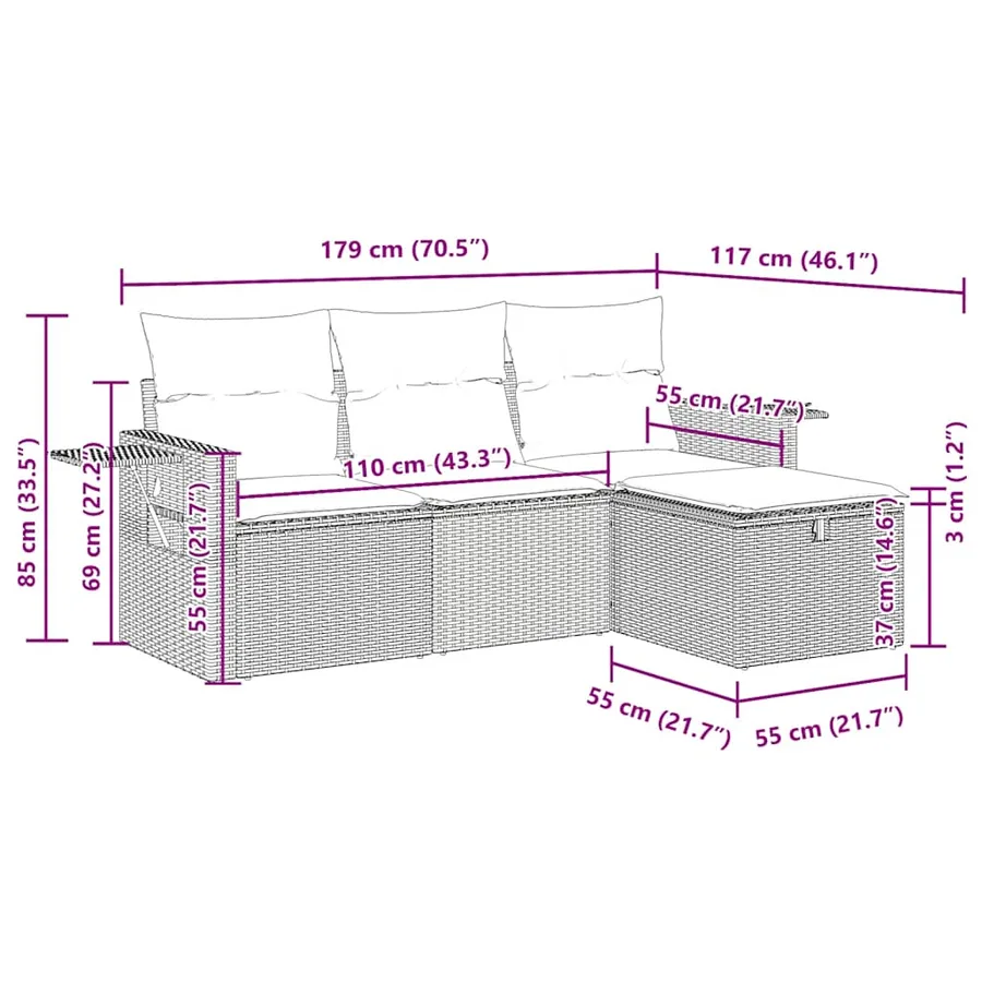 Salon de jardin 4 pcs avec coussins gris résine tressée - 12
