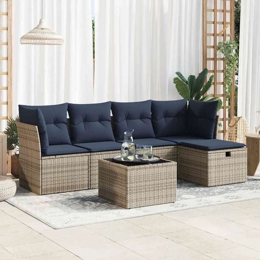 Salon de jardin 6 pcs avec coussins gris résine tressée