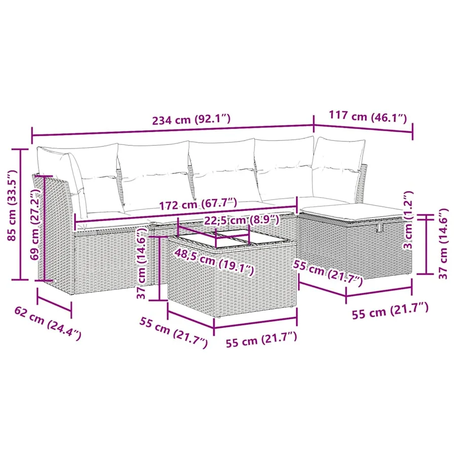 Salon de jardin 6 pcs avec coussins gris résine tressée - 12