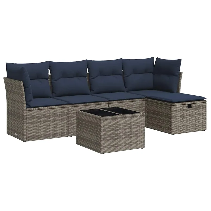 Salon de jardin 6 pcs avec coussins gris résine tressée - 2