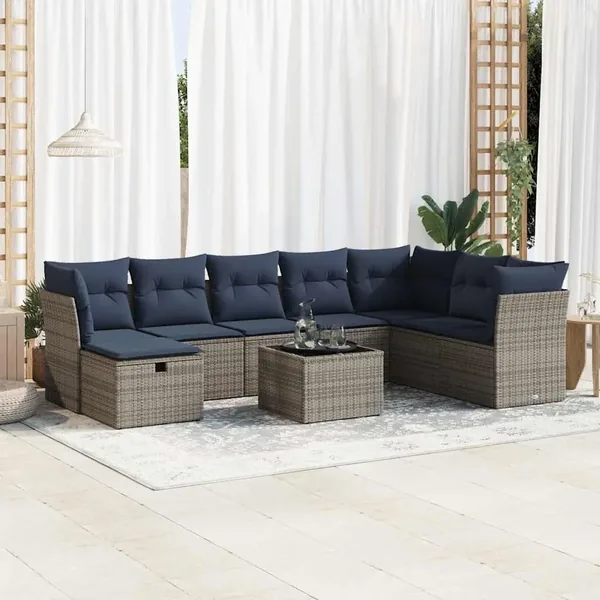 Salon de jardin 9 pcs avec coussins gris résine tressée