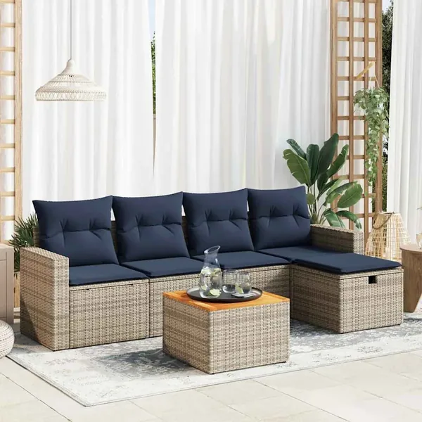 Salon de jardin 6 pcs avec coussins gris résine tressée