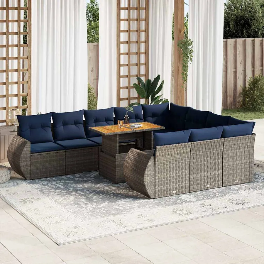 Salon de jardin 11 pcs avec coussins gris résine tressée