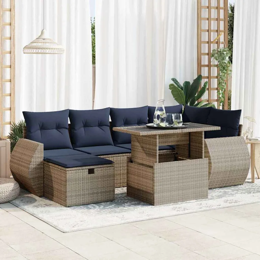 Salon de jardin avec coussins 7pcs gris résine tressée acacia