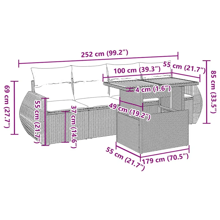 Salon de jardin 5 pcs avec coussins gris résine tressée - 12