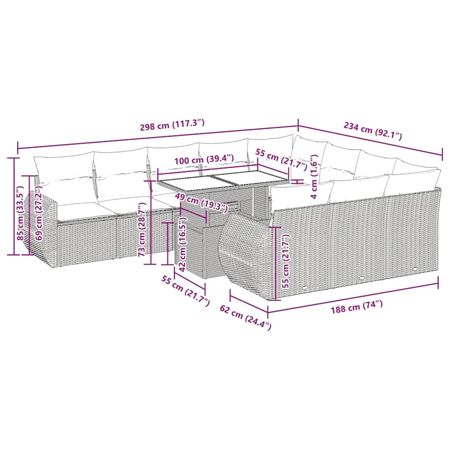 Ensemble de canapés de jardin 11 pcs et coussins rotin acacia - 14
