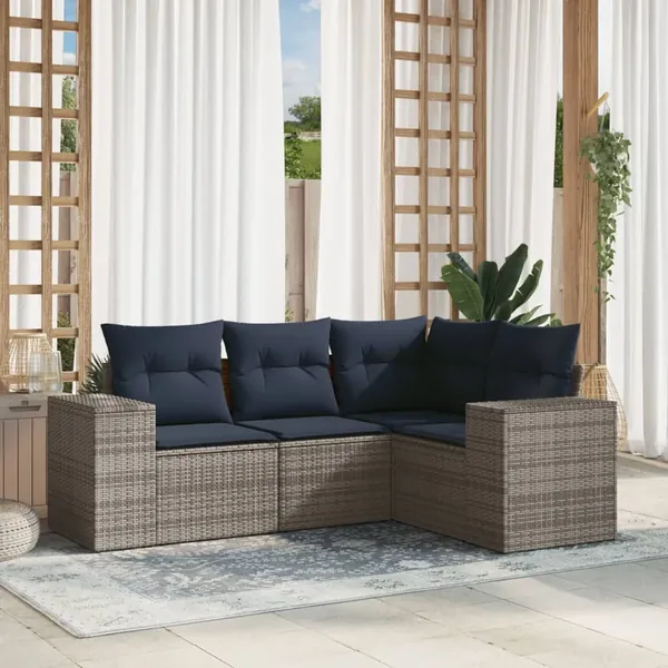 Ensemble de canapé de jardin 4 pcs avec coussins gris résine tressée