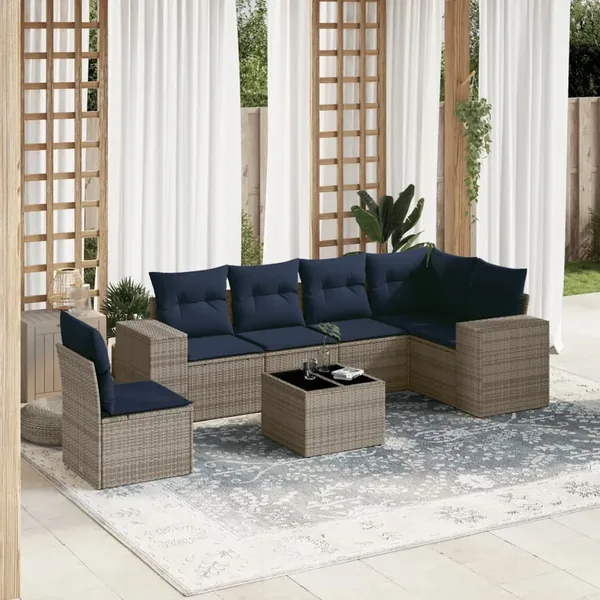 Ensemble de canapé de jardin 7 pcs avec coussins gris résine tressée