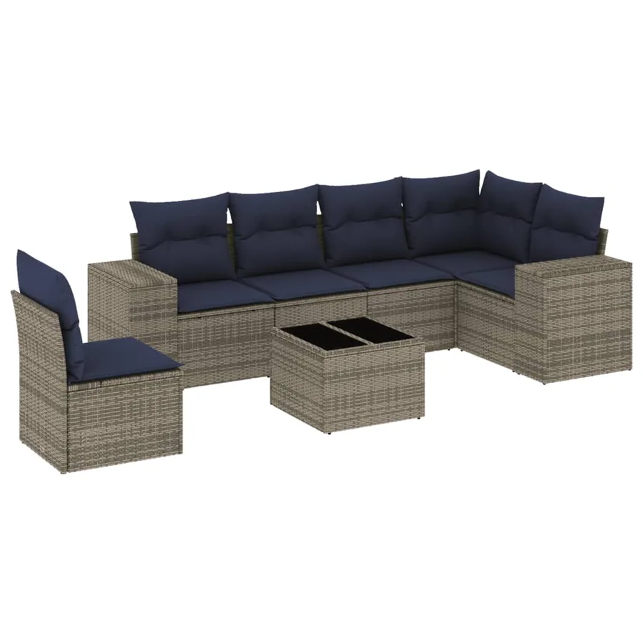 Ensemble de canapé de jardin 7 pcs avec coussins gris résine tressée - 2