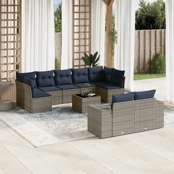 Ensemble de canapé de jardin 10 pcs avec coussins gris résine tressée