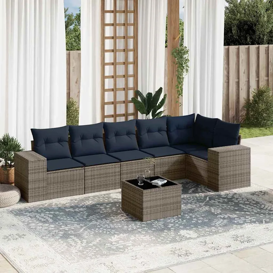 Ensemble de canapé de jardin 7 pcs avec coussins gris résine tressée