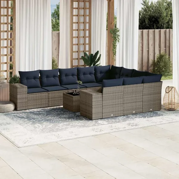 Ensemble de canapé de jardin 11 pcs avec coussins gris résine tressée