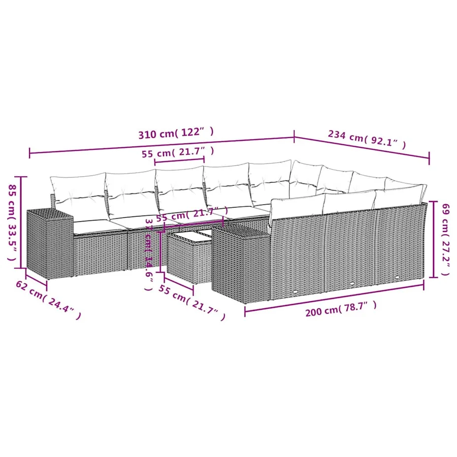 Ensemble de canapé de jardin 11 pcs avec coussins gris résine tressée - 8