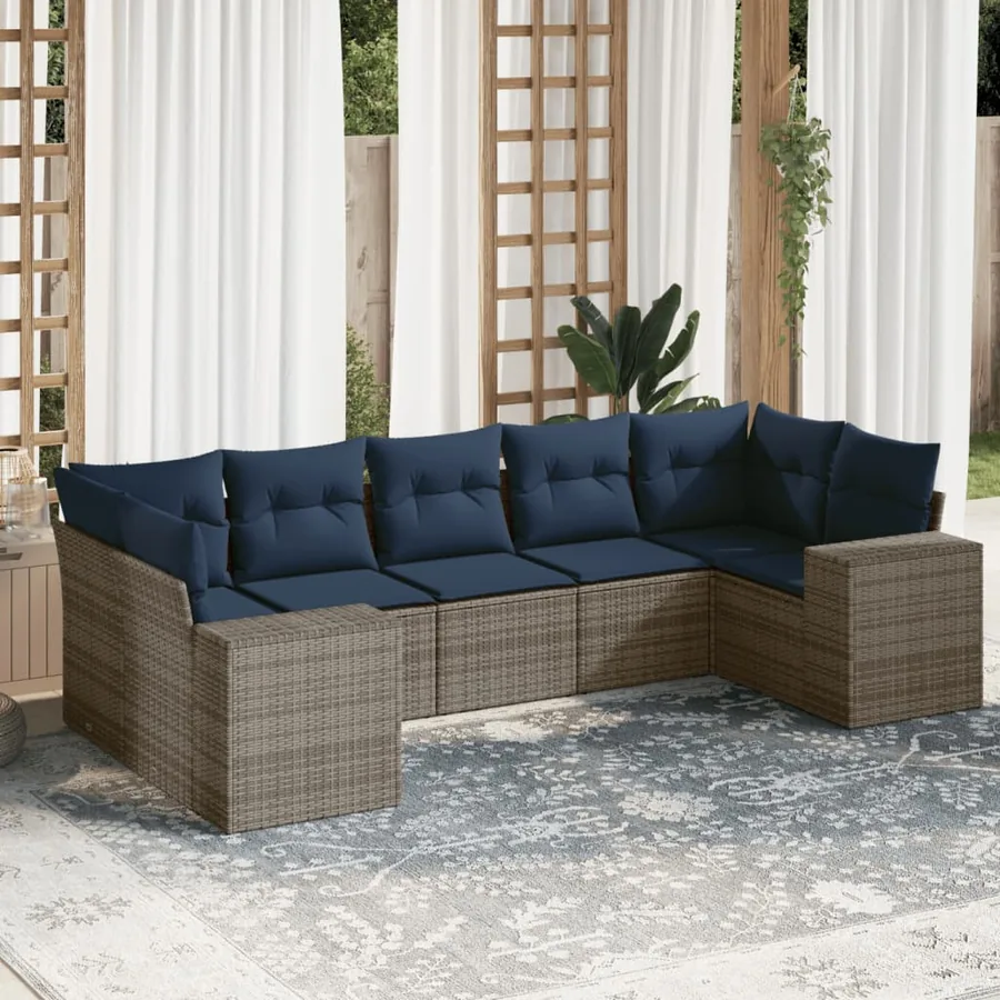 Ensemble de canapé de jardin 7 pcs avec coussins gris résine tressée