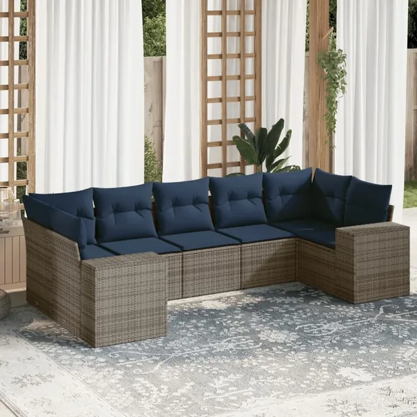 Ensemble de canapé de jardin 7 pcs avec coussins gris résine tressée