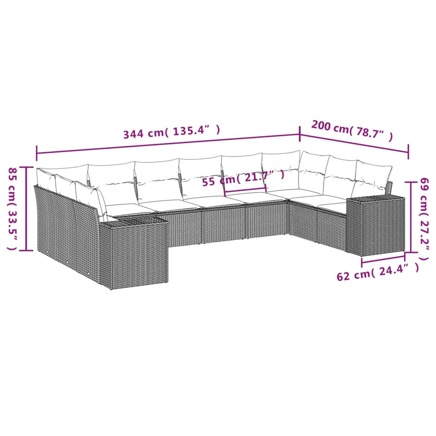 Ensemble de canapé de jardin 10 pcs avec coussins gris résine tressée - 7