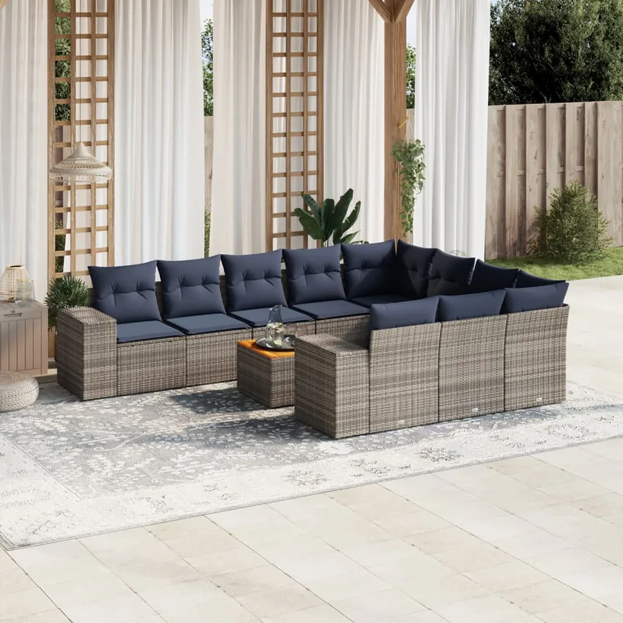 Ensemble de canapé de jardin 11 pcs avec coussins gris résine tressée