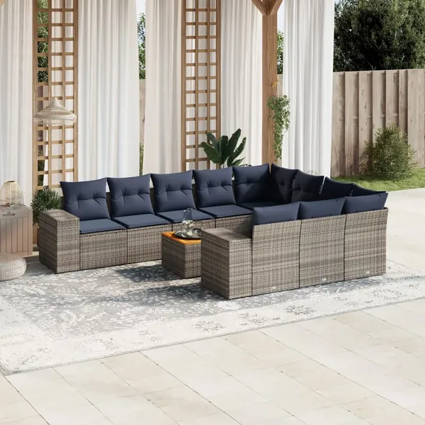 Ensemble de canapé de jardin 11 pcs avec coussins gris résine tressée