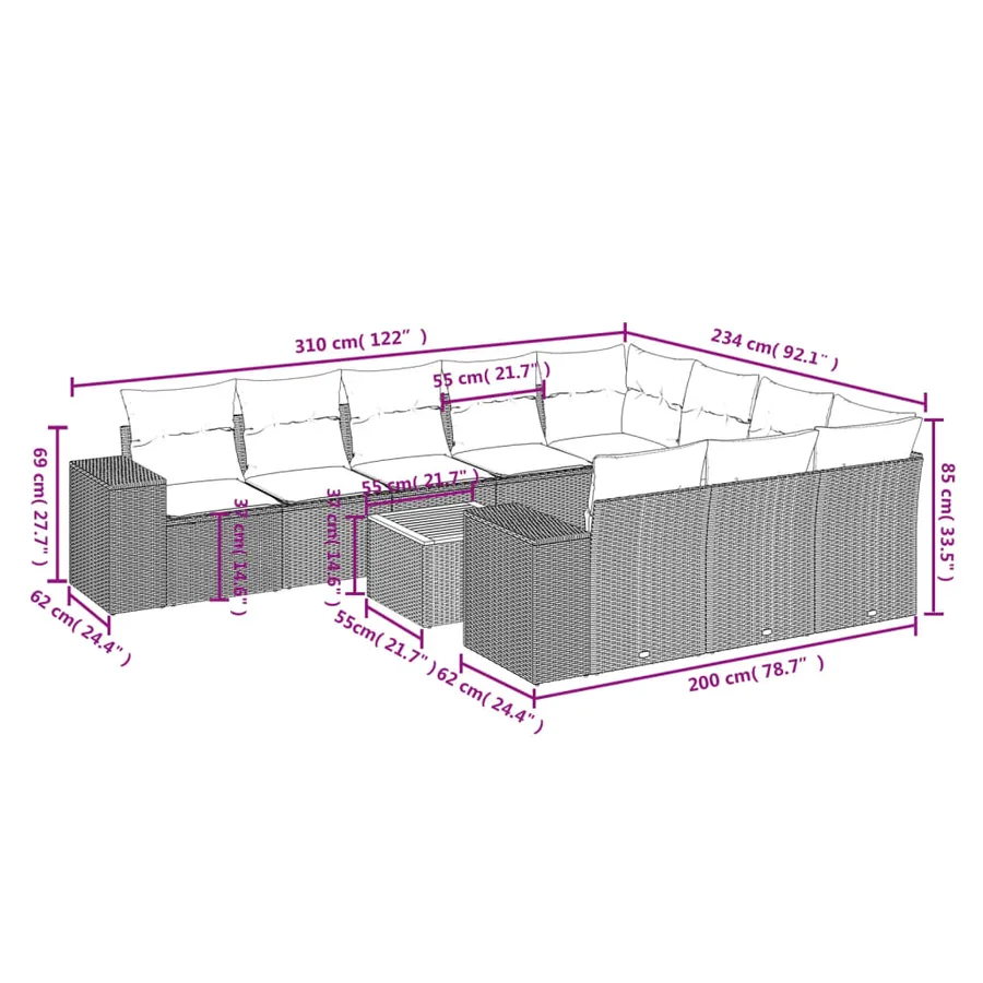 Ensemble de canapé de jardin 11 pcs avec coussins gris résine tressée - 8