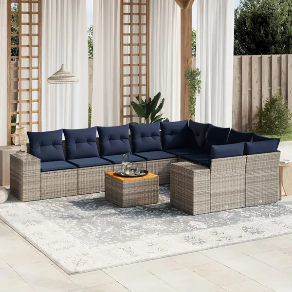 Ensemble de canapé de jardin 10 pcs avec coussins gris résine tressée