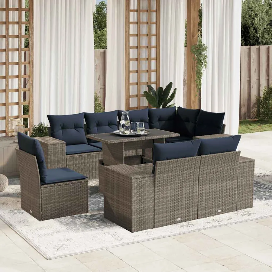 Ensemble de canapé de jardin 9 pcs avec coussins gris résine tressée