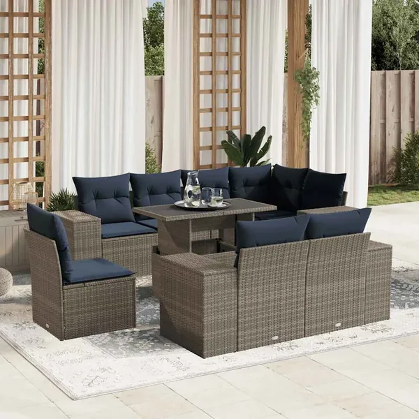 Ensemble de canapé de jardin 9 pcs avec coussins gris résine tressée