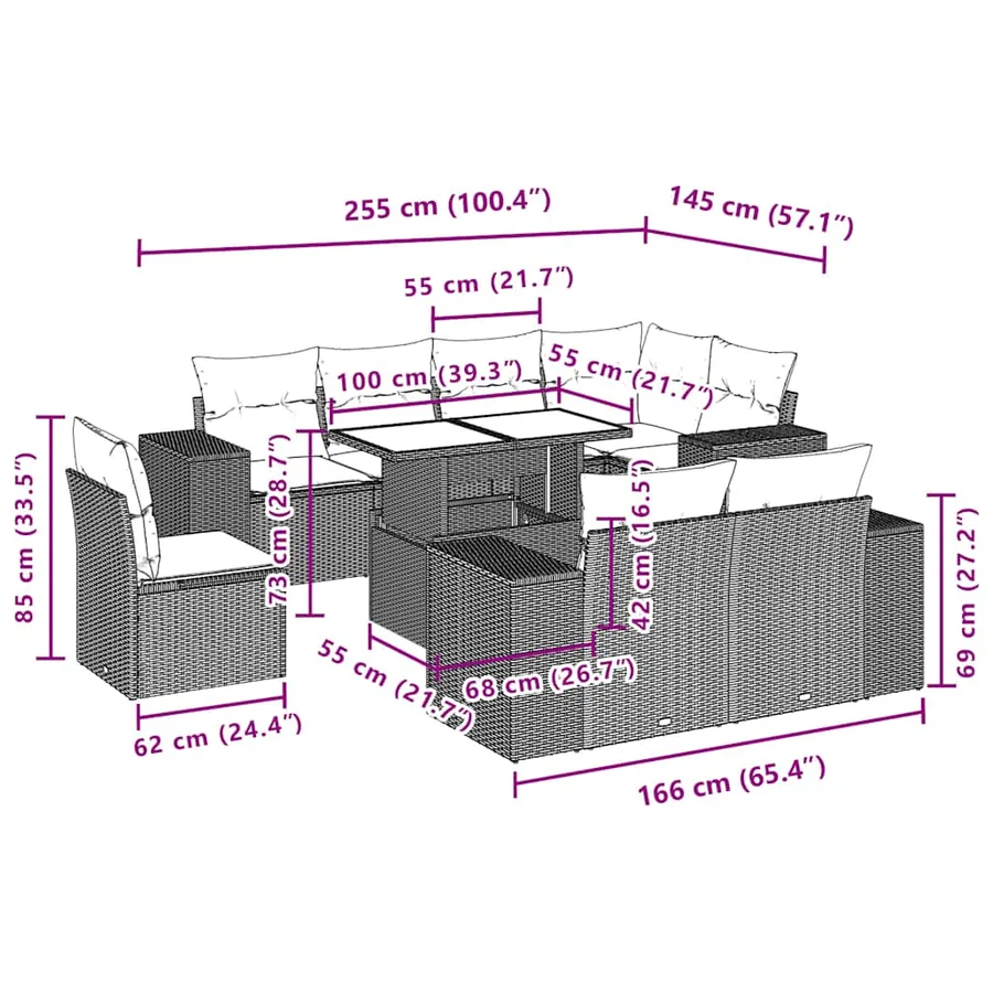 Ensemble de canapé de jardin 9 pcs avec coussins gris résine tressée - 10