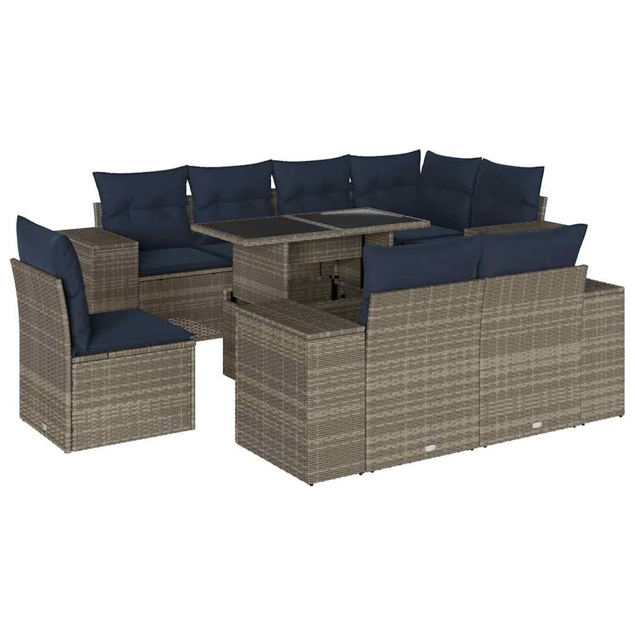 Ensemble de canapé de jardin 9 pcs avec coussins gris résine tressée - 2
