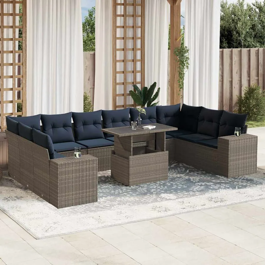 Ensemble de canapé de jardin 11 pcs avec coussins gris résine tressée