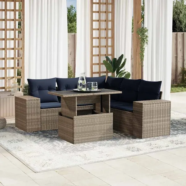 Ensemble de canapé de jardin 6 pcs avec coussins gris résine tressée