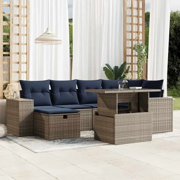Ensemble de canapé de jardin 7 pcs avec coussins gris résine tressée