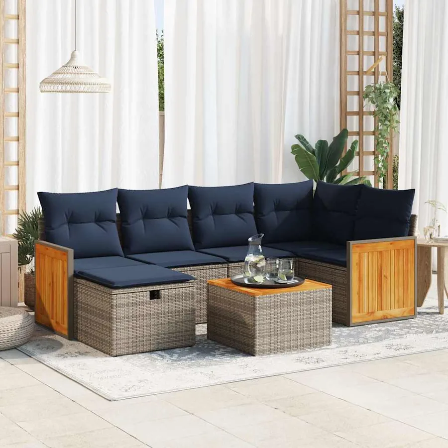 Salon de jardin avec coussins 7 pcs gris résine tressée