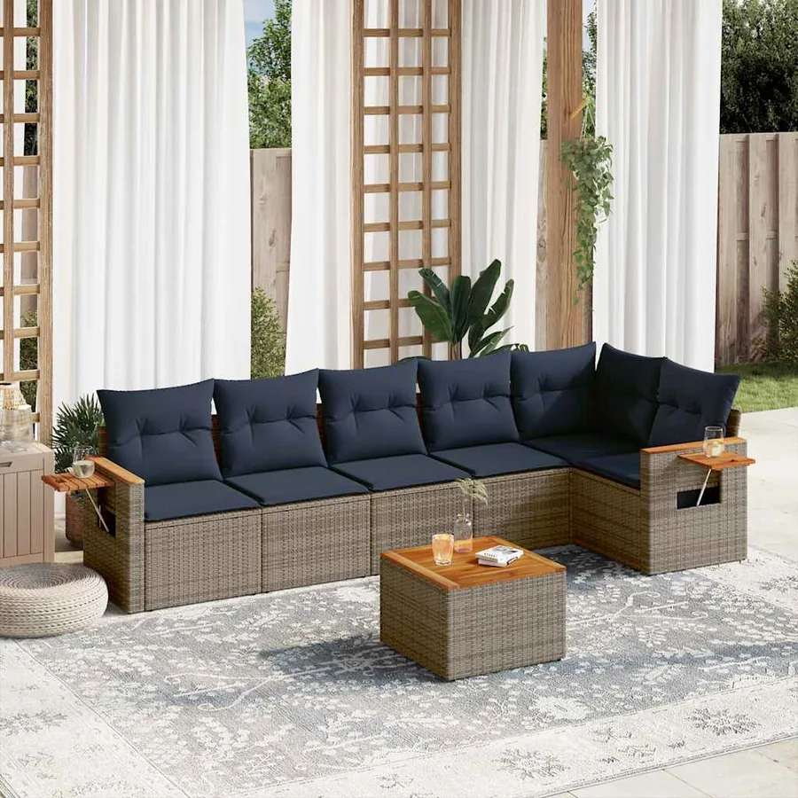 Salon de jardin 7 pcs avec coussins gris résine tressée