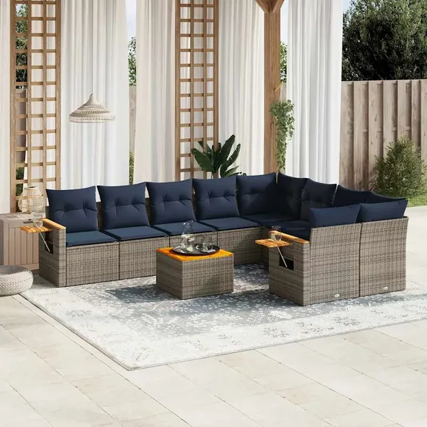 Salon de jardin 10 pcs avec coussins gris résine tressée