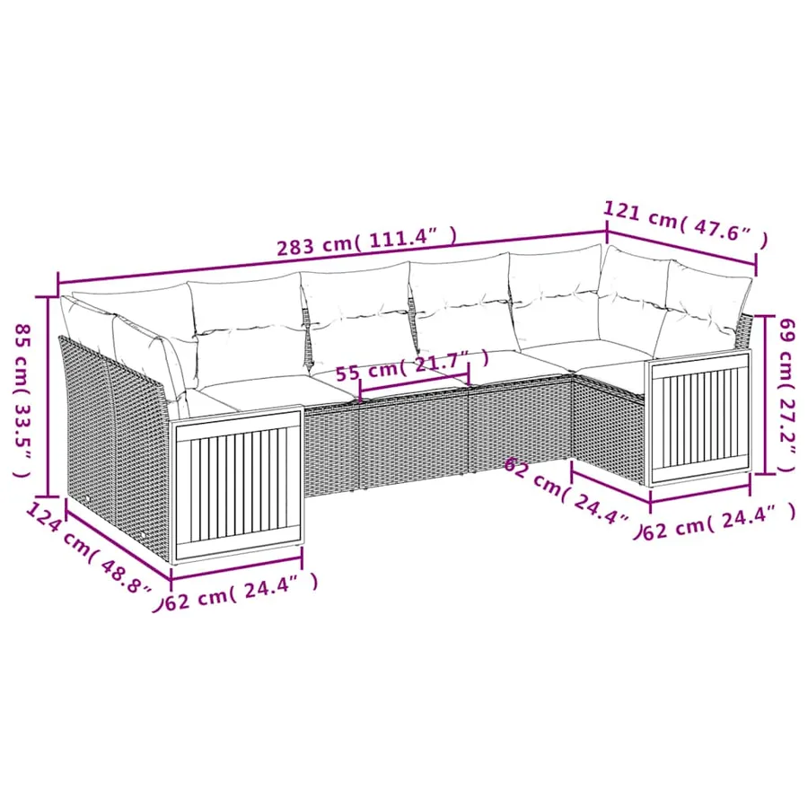 Ensemble de canapé de jardin 7 pcs avec coussins gris résine tressée - 7
