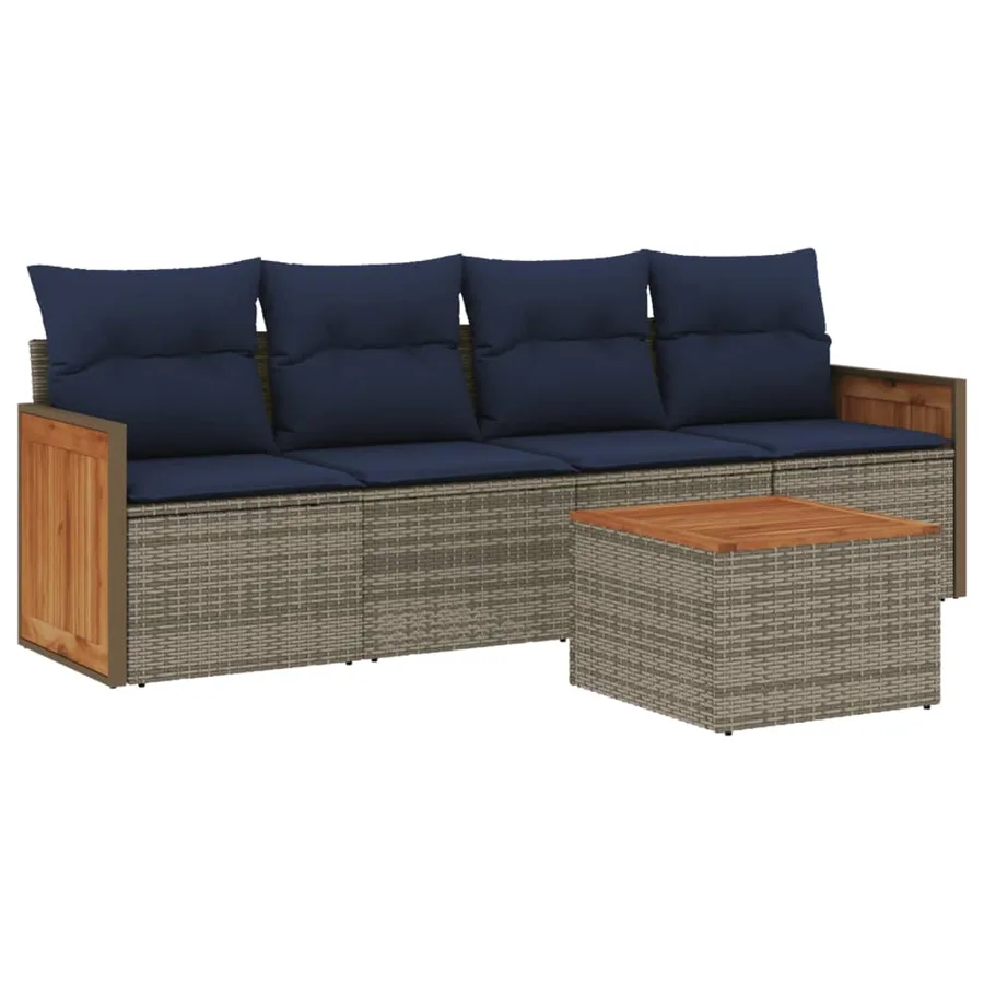 Ensemble de canapé de jardin 5 pcs avec coussins gris résine tressée - 2
