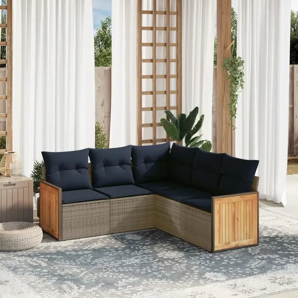 Ensemble de canapé de jardin 5 pcs avec coussins gris résine tressée