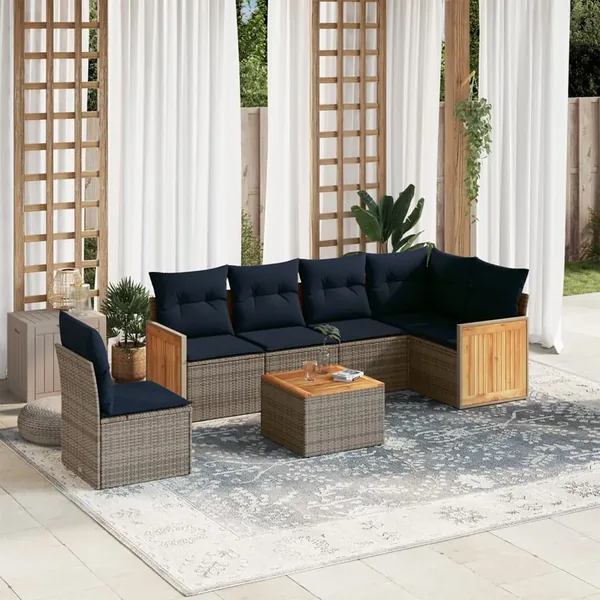 Ensemble de canapé de jardin 7 pcs avec coussins gris résine tressée