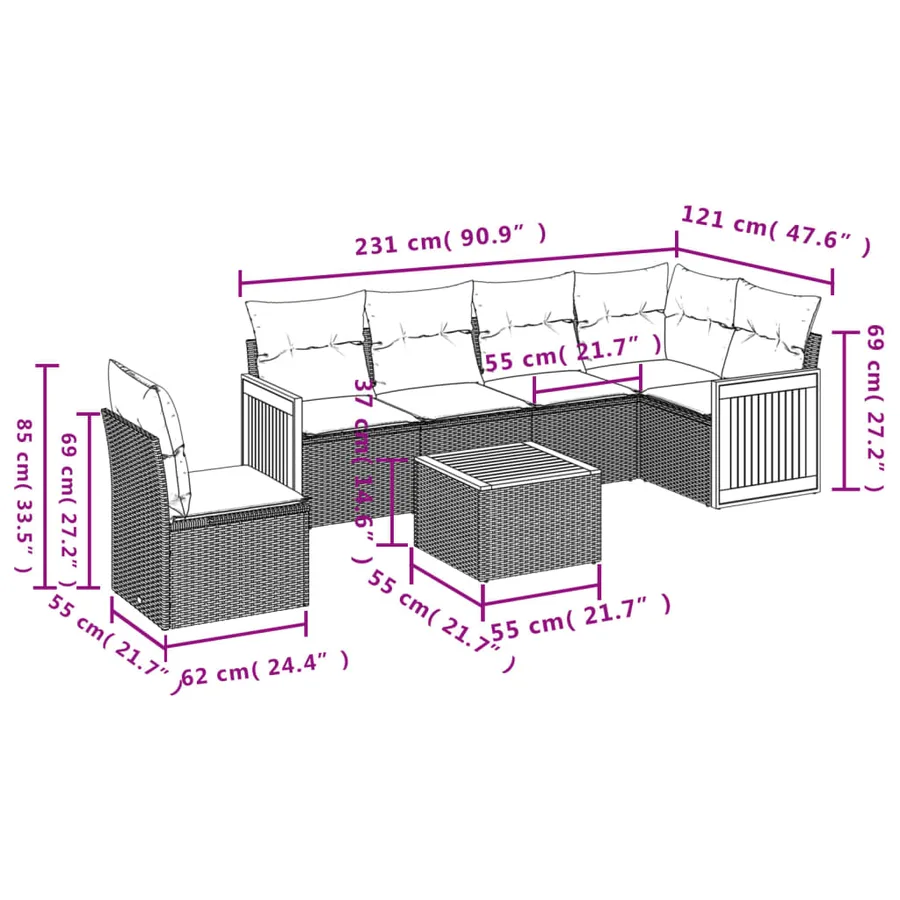 Ensemble de canapé de jardin 7 pcs avec coussins gris résine tressée - 8