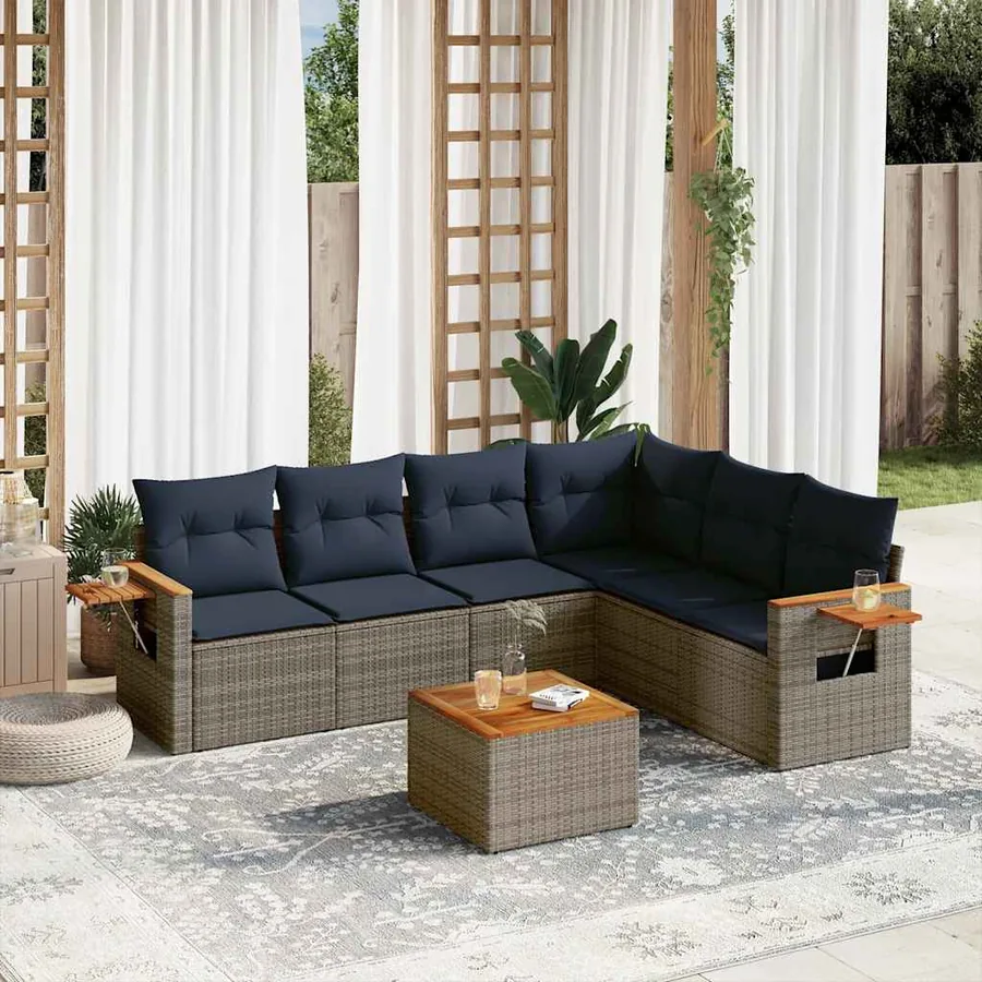 Salon de jardin 7 pcs avec coussins gris résine tressée