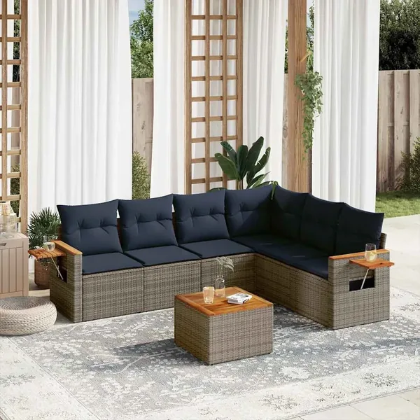 Salon de jardin 7 pcs avec coussins gris résine tressée